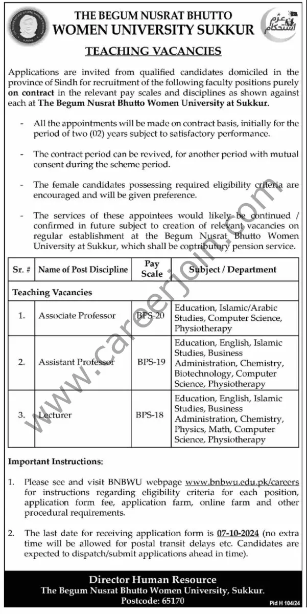 Women University Sukkur Jobs 22 September 2024 Dawn 1