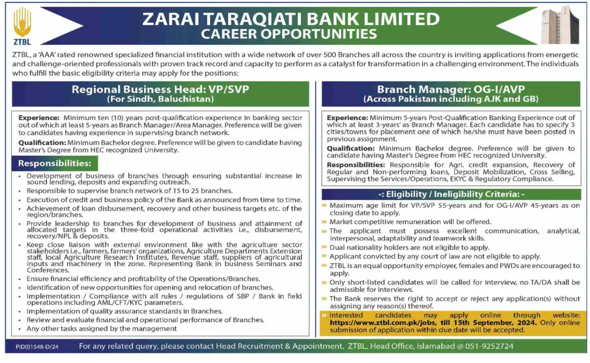 Zarai Taraqiati bank Ltd ZTBL Jobs 01 September 2024 Dawn 1