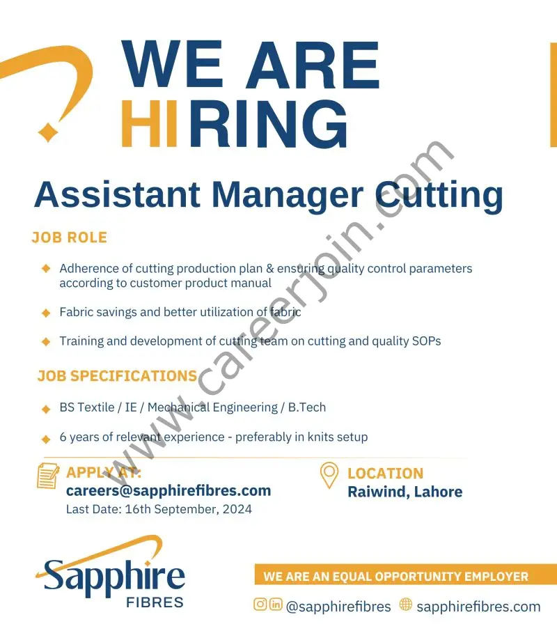 Sapphire Fibres Limited Jobs Assistant Manager Cutting 1