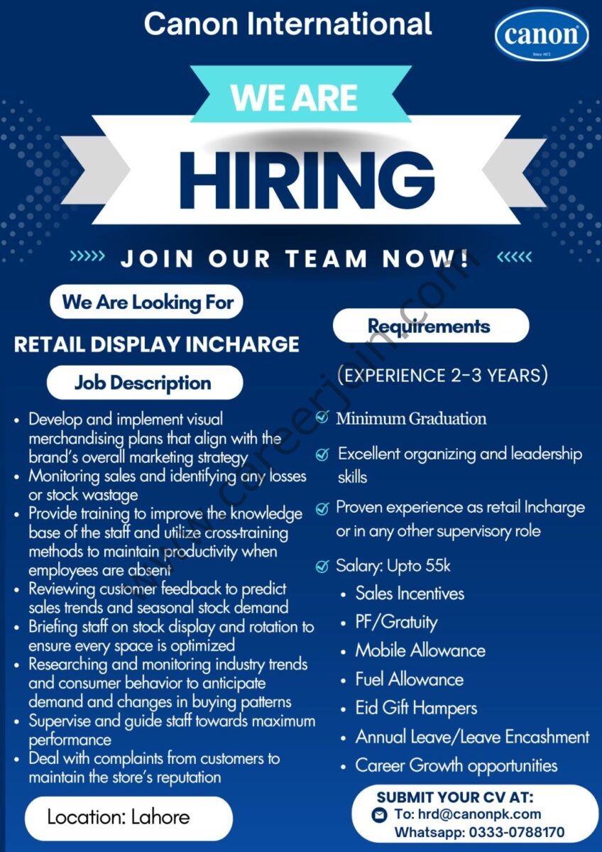 Canon International Jobs Retail Display Incharge 1