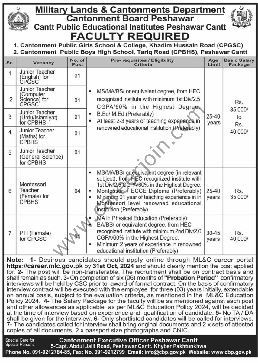 Cantt Public Educational Institutes Peshawar Cantt Jobs 15 October 2024 Dawn 1