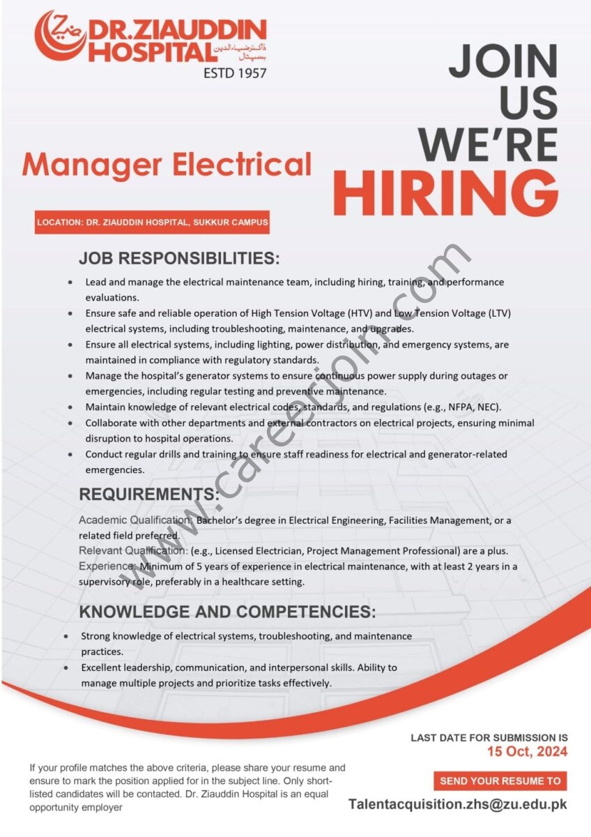 Dr Ziauddin Hospital Jobs Manager Electrical 1