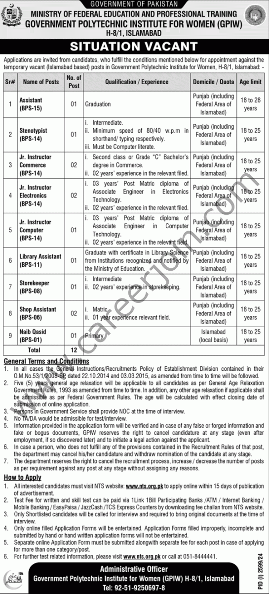 Government Polytechnic Institute For Women Jobs 13 October 2024 Nawaiwaqt 1