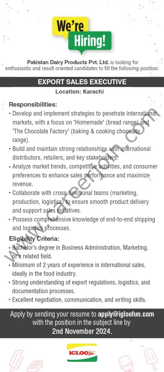 Pakistan Dairy Products Pvt Ltd Jobs  Export Sales Executive 1