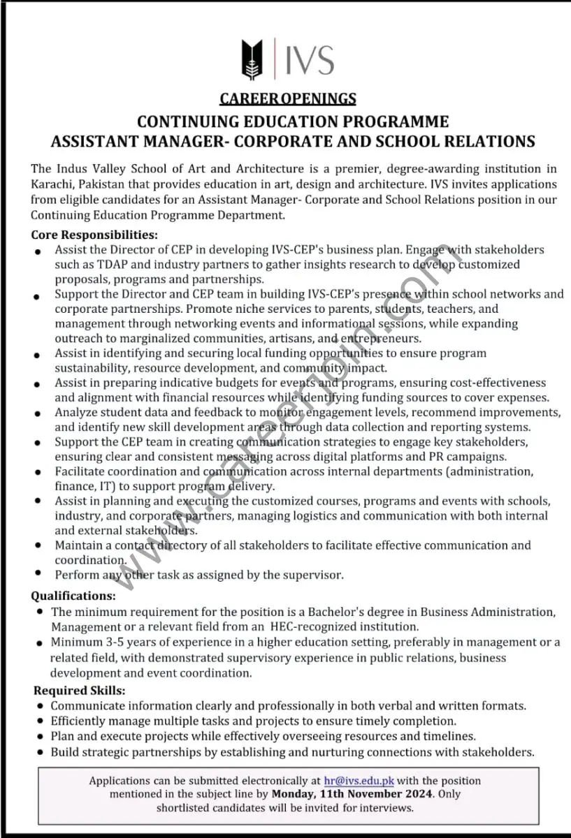 The Indus Valley School of Art and Architecture IVS Jobs Assistant Manager Corporate & School Relations 1