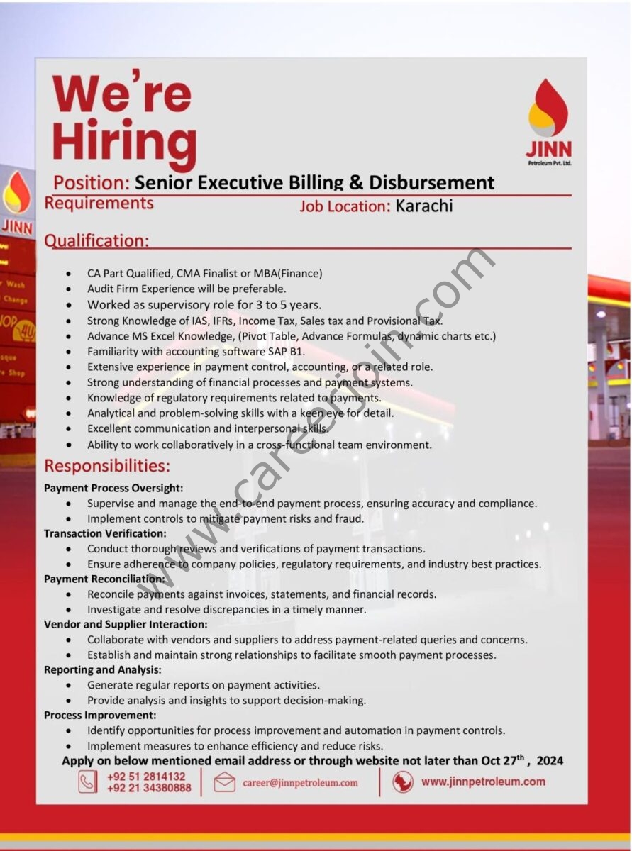 JINN Petroleum Pvt Ltd Jobs Senior Executive Billing & Disbursement 1