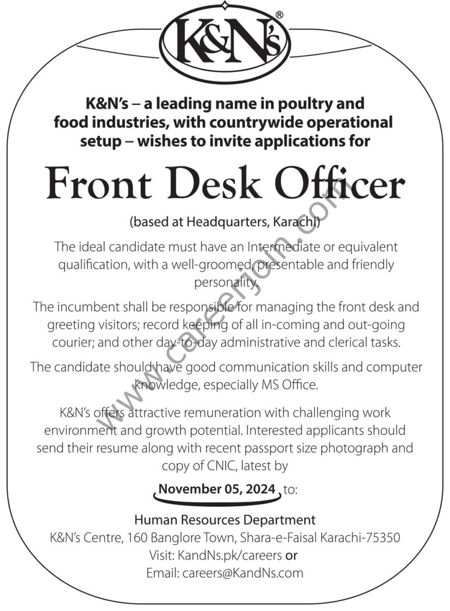 K&N's Pakistan Jobs Front Desk Officer 1