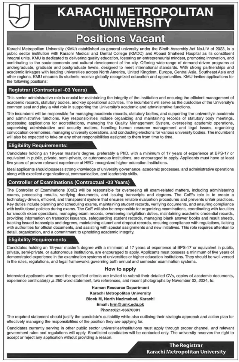 Karachi Metropolitan University Jobs 24 October 2024 Dawn 1