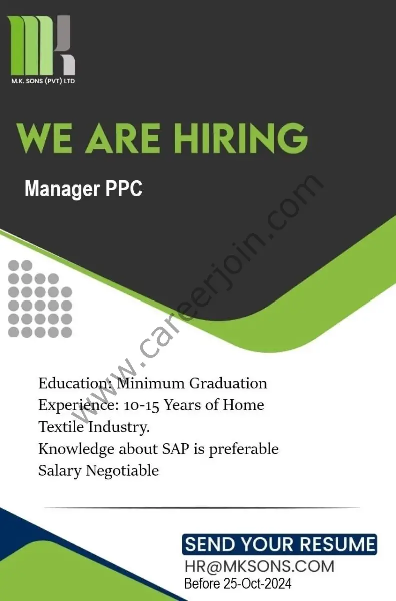 MK Sons (Pvt) Ltd Jobs Manager PPC  1