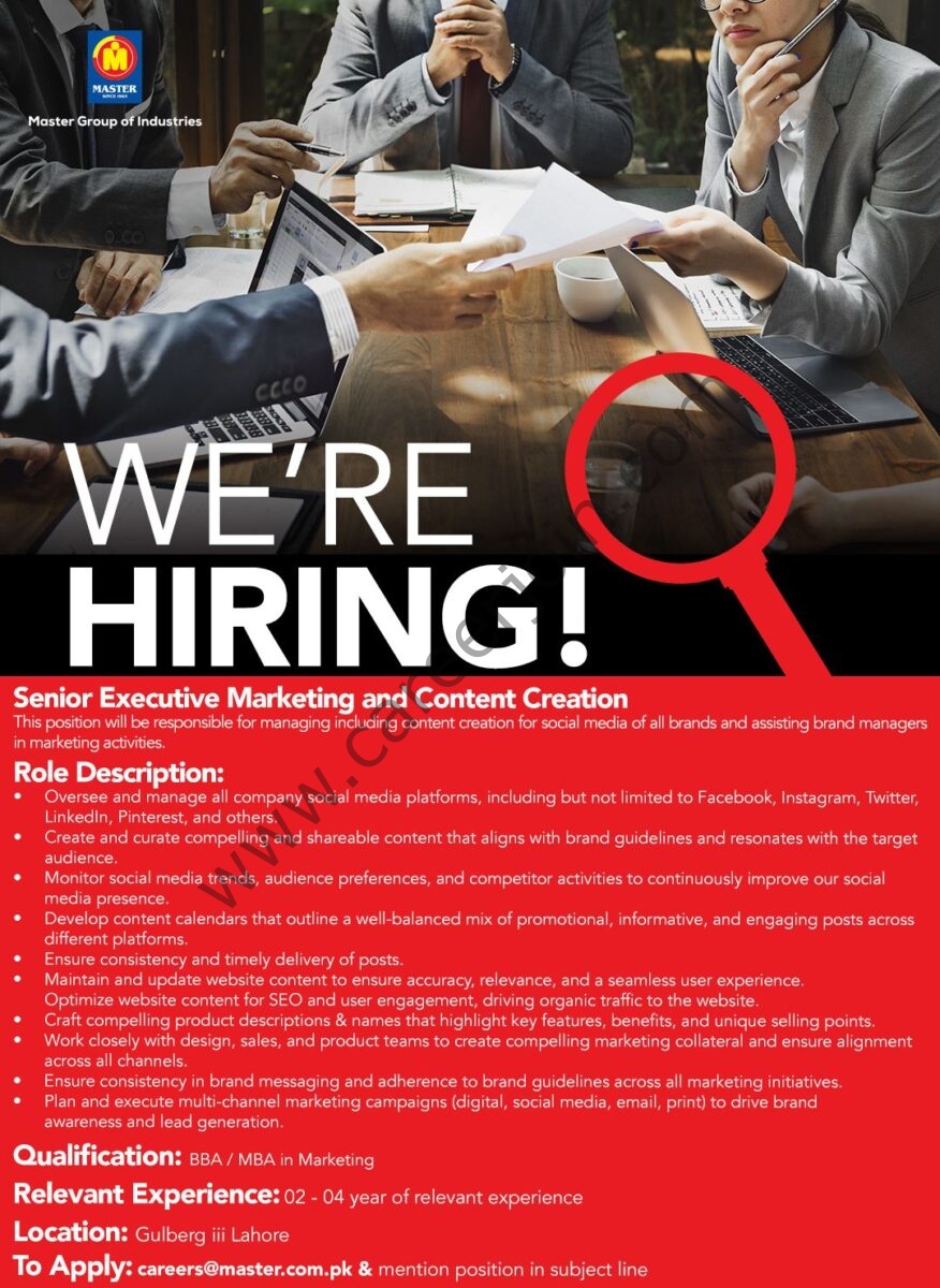 Master Group Of Companies Jobs Senior Executive Marketing & Content Creation 1