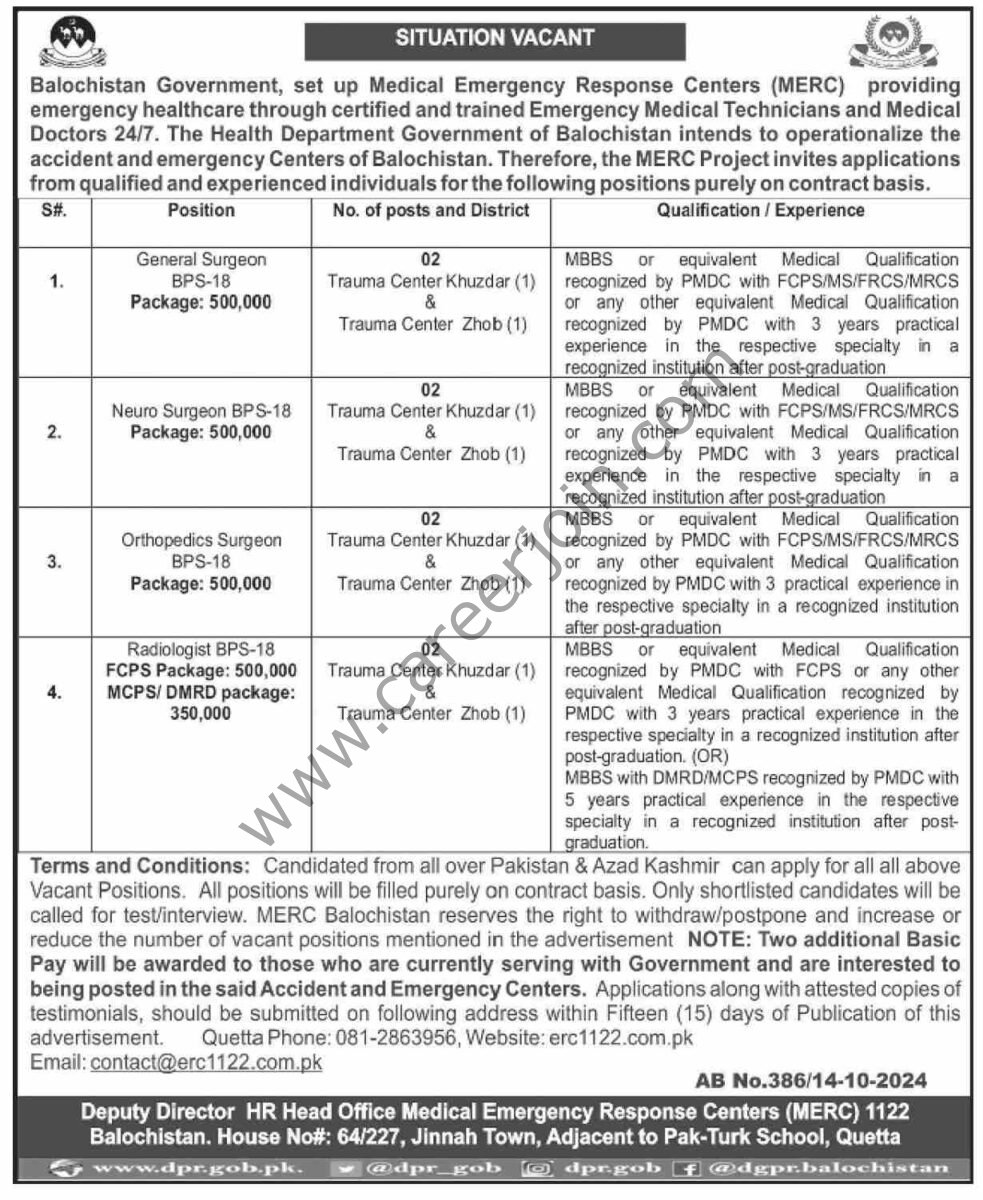 Medical Emergency Response Centers MERC Jobs 15 October 2024 Dawn 1