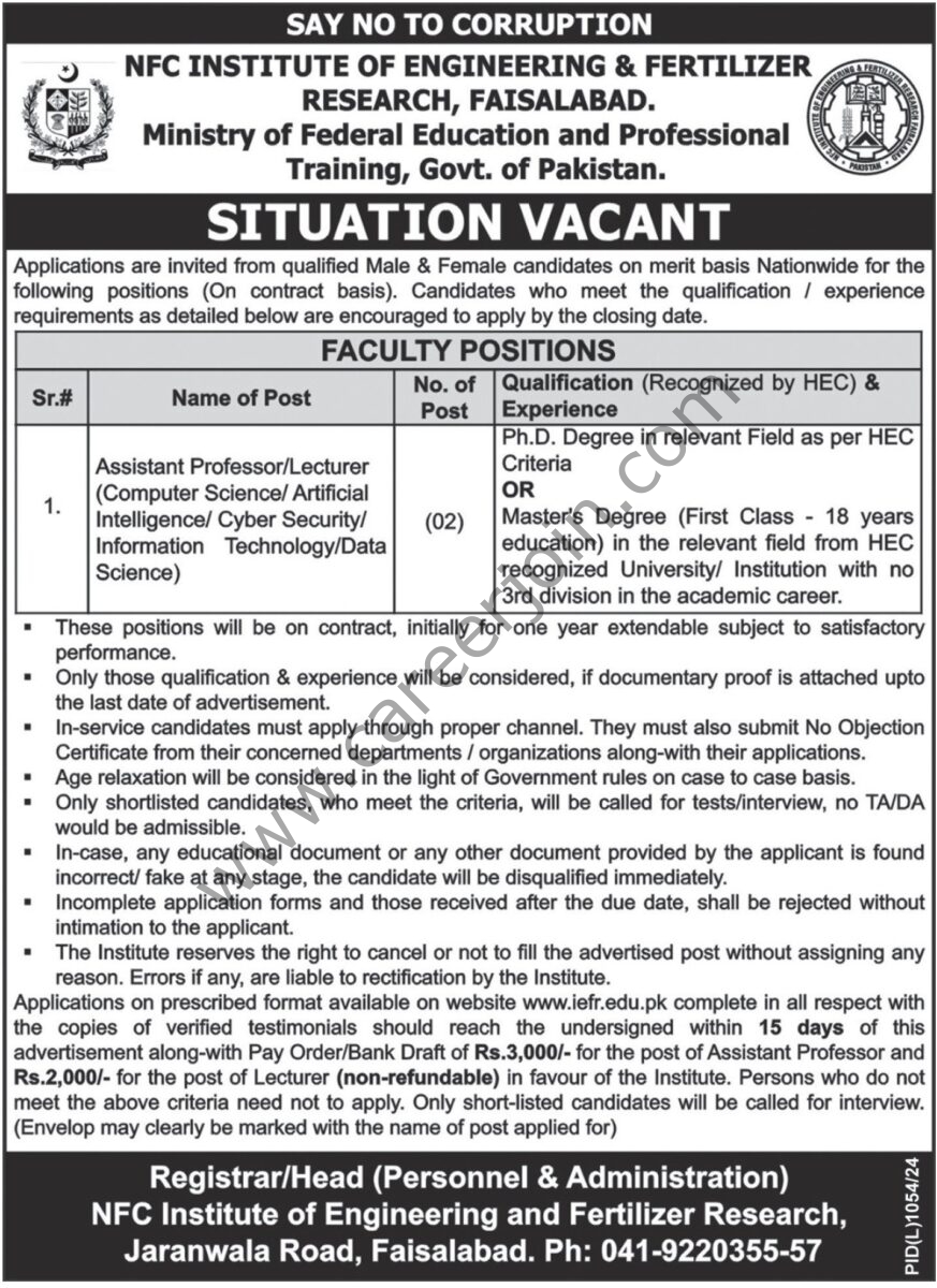 NFC Institute of Engineering & Fertilizer Research Jobs 19 October 2024 Express Tribune 1