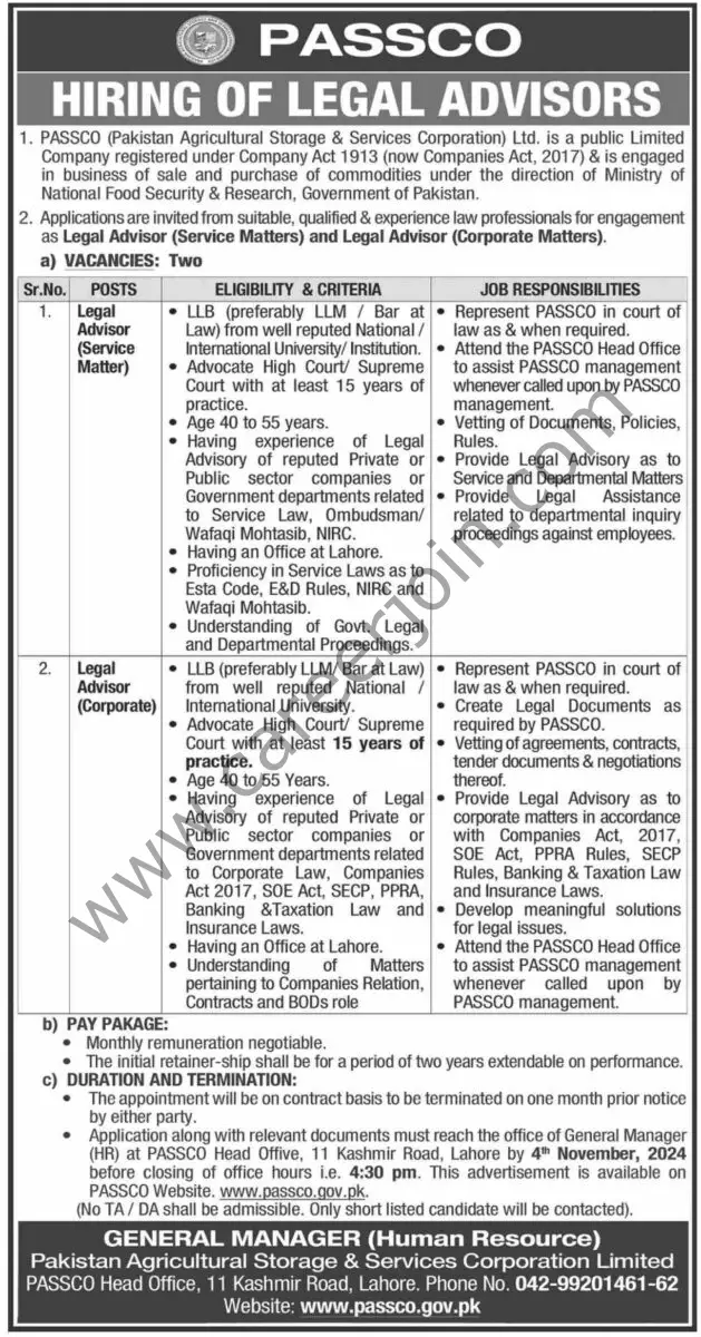 Pakistan Agricultural Storage & Services Corp Ltd PASSCO Jobs 20 October 2024 Dawn 1