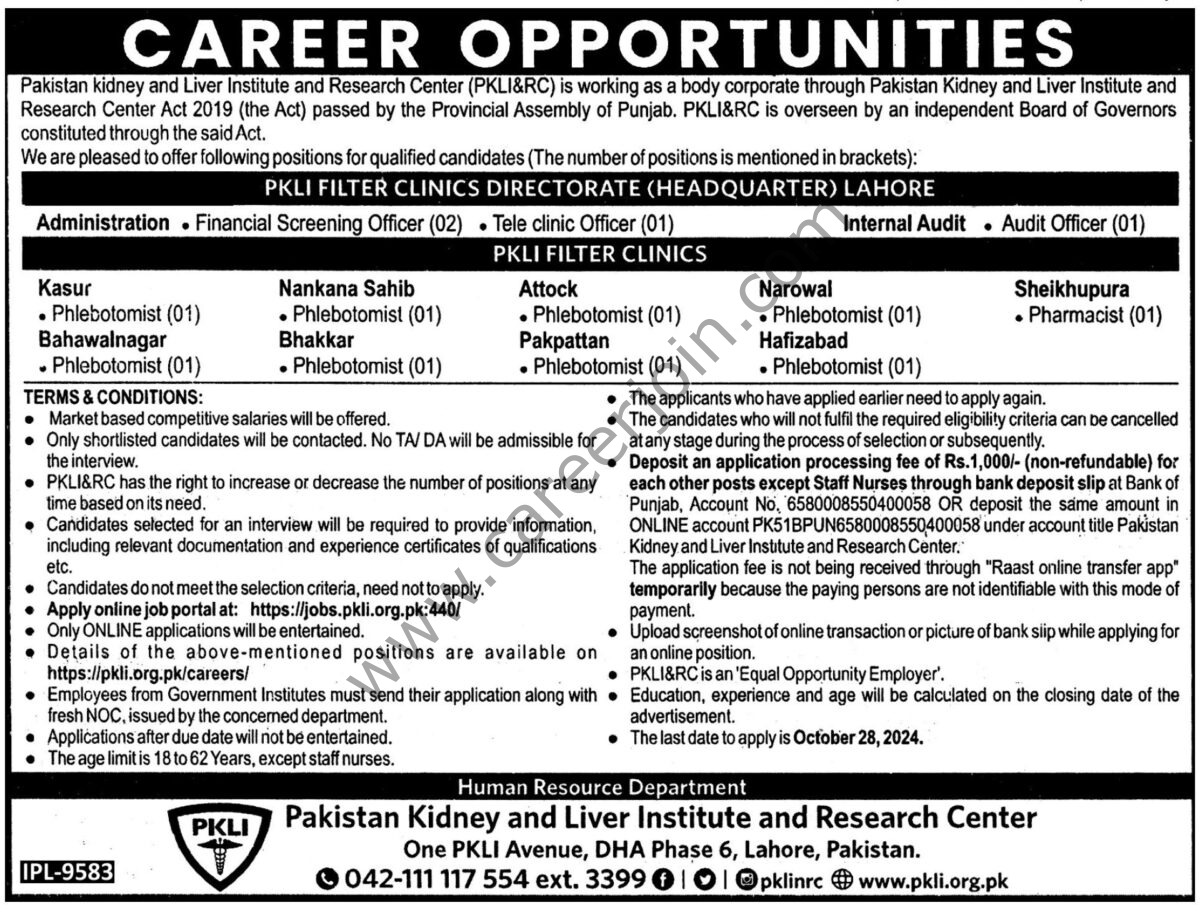 Pakistan Kidney & Liver Institute & Research Center PKLI&RC Jobs 13 October 2024 Express Tribune 1