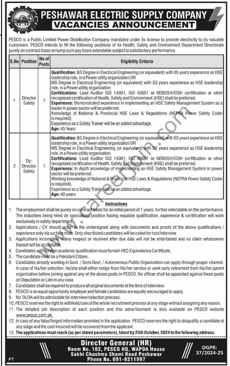 Peshawar Electric Supply Co PESCO Jobs 06 October 2024 Dawn 01 1