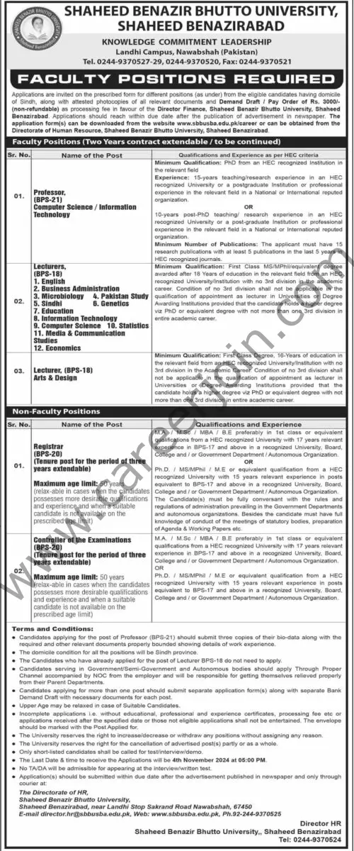 Shaheed Benazir Bhutto University Jobs 20 October 2024 Dawn 1