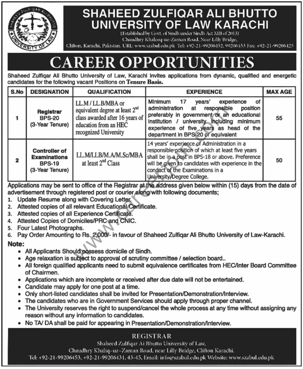 Shaheed Zulfiqar Ali Bhutto University of Law Karachi Jobs 24 October 2024 Dawn 1