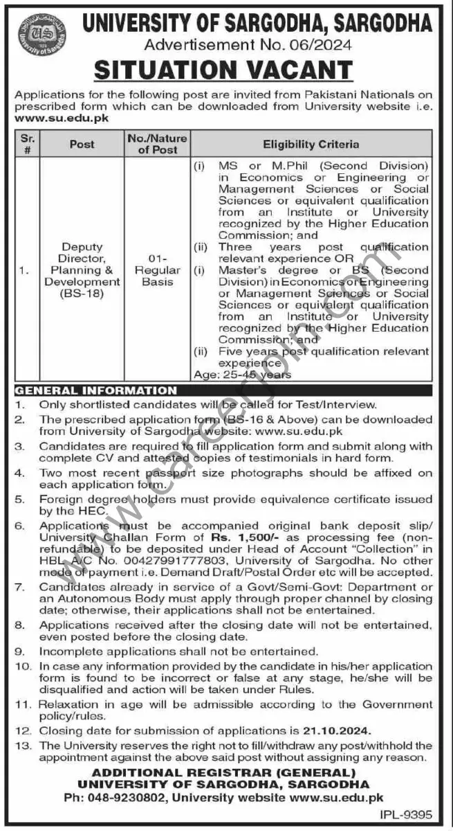 University of Sargodha Jobs 06 October 2024 Dawn 1