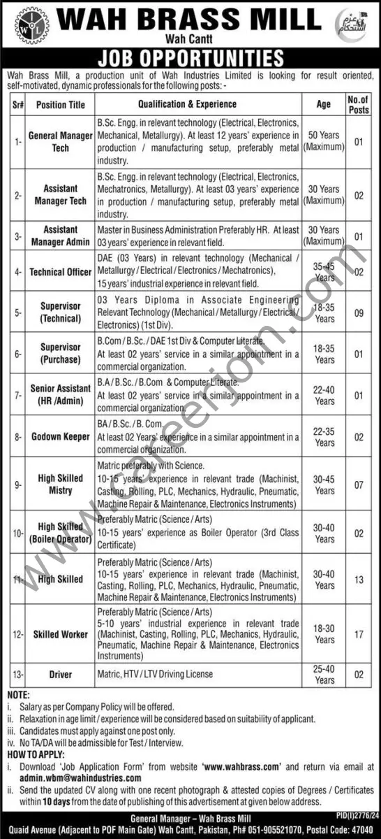 Wah Brass Mill Jobs 23 October 2024 Express 1