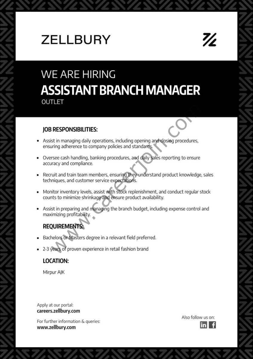 Zellbury Pakistan Jobs Assistant Branch Manager  1