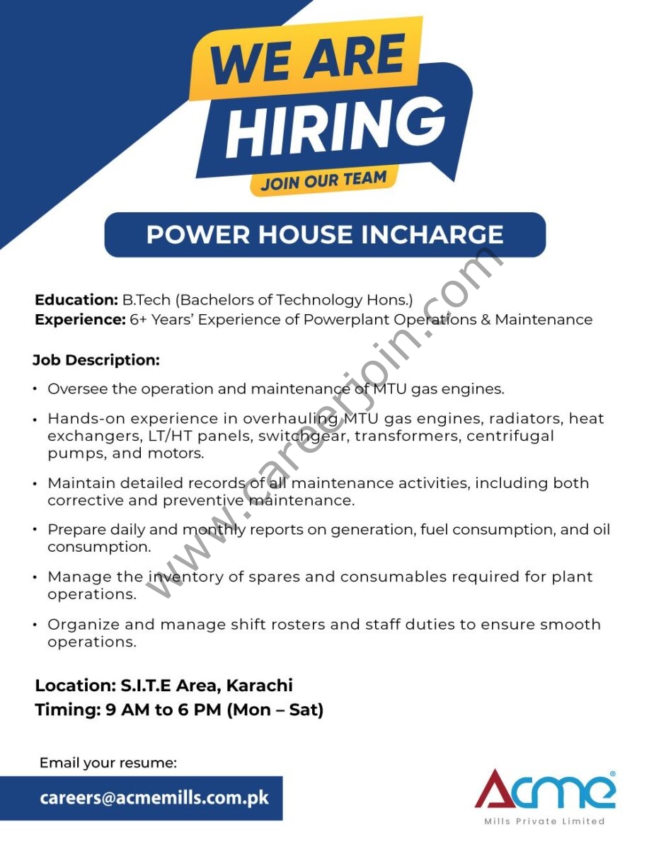 Acme Mills Private Limited Jobs Power House Incharge 1