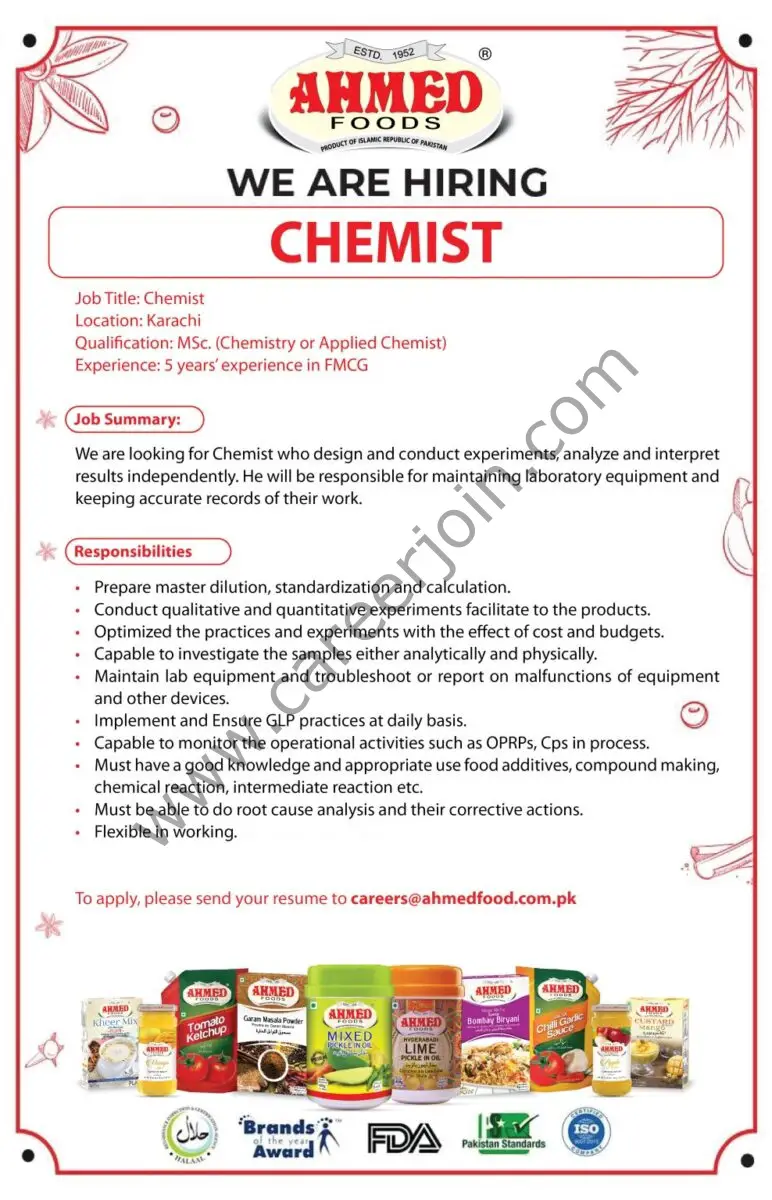 Ahmed Foods Pvt Ltd Jobs Chemist 1