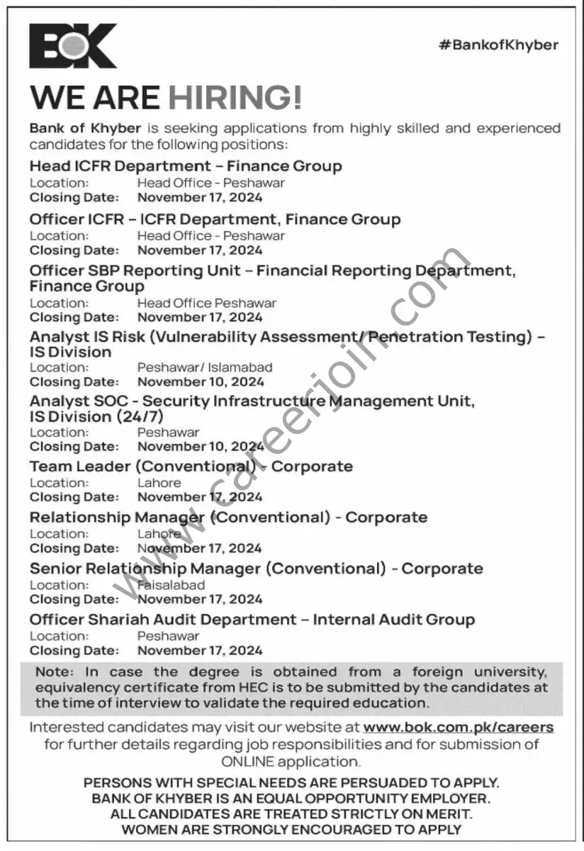 BOK Bank of Khyber Jobs 03 November 2024 Dawn 1