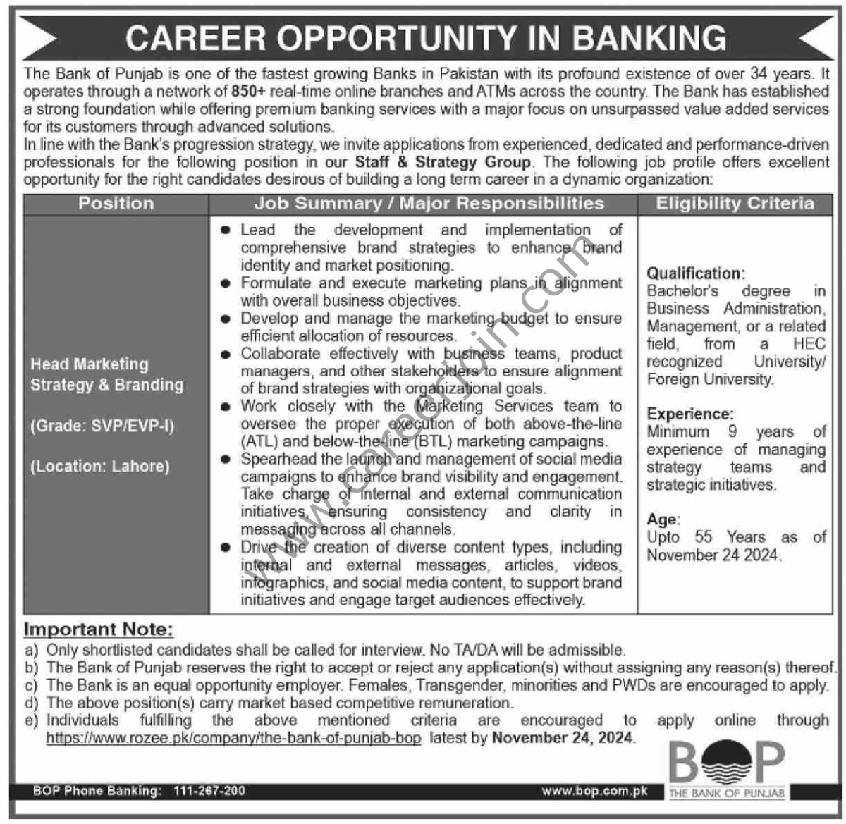 Bank of Punjab BOP Jobs 10 November 2024 Dawn 1