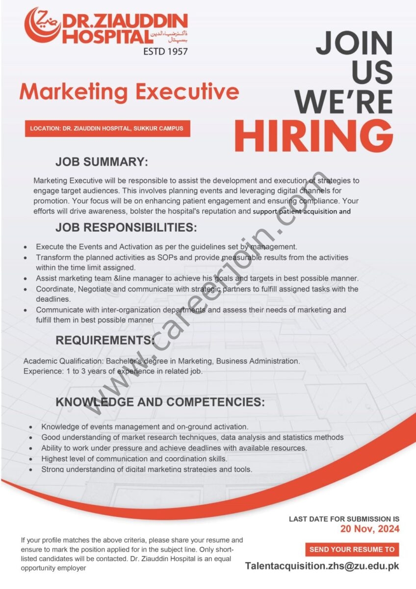 Dr Ziauddin Hospital Jobs Marketing Executive 1