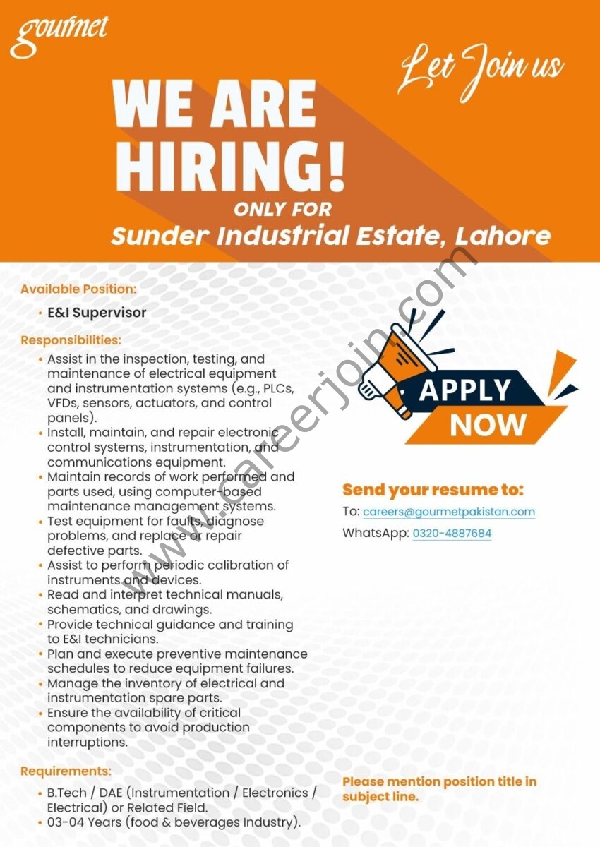 Gourmet Foods Pvt Ltd Jobs E&I Supervisor 1