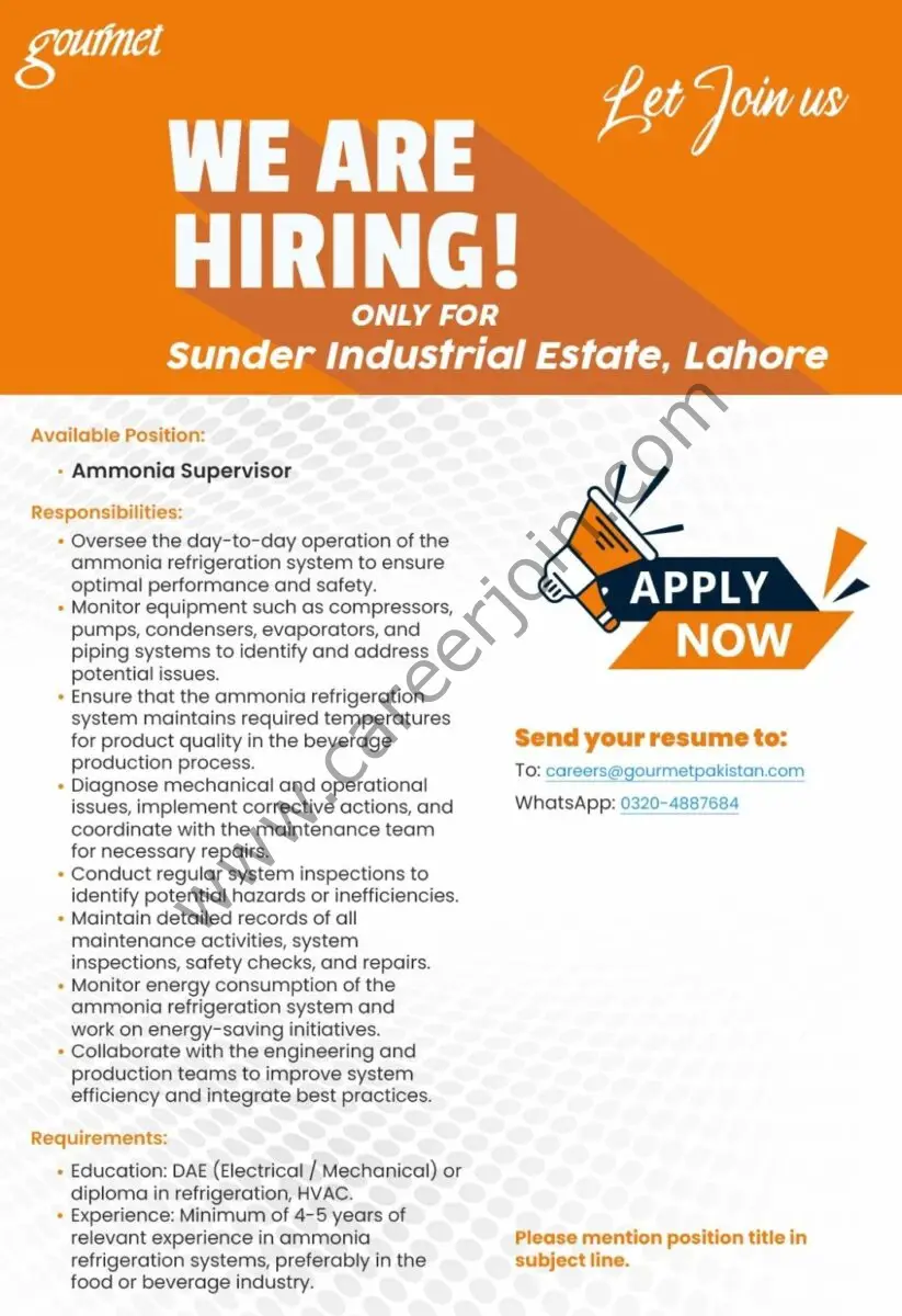 Gourmet Foods Pvt Ltd Jobs Ammonia Supervisor 1