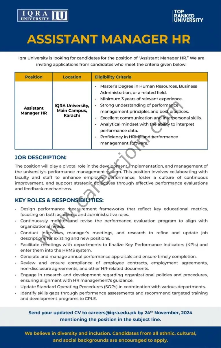 Iqra University Jobs Assistant Manager HR 1