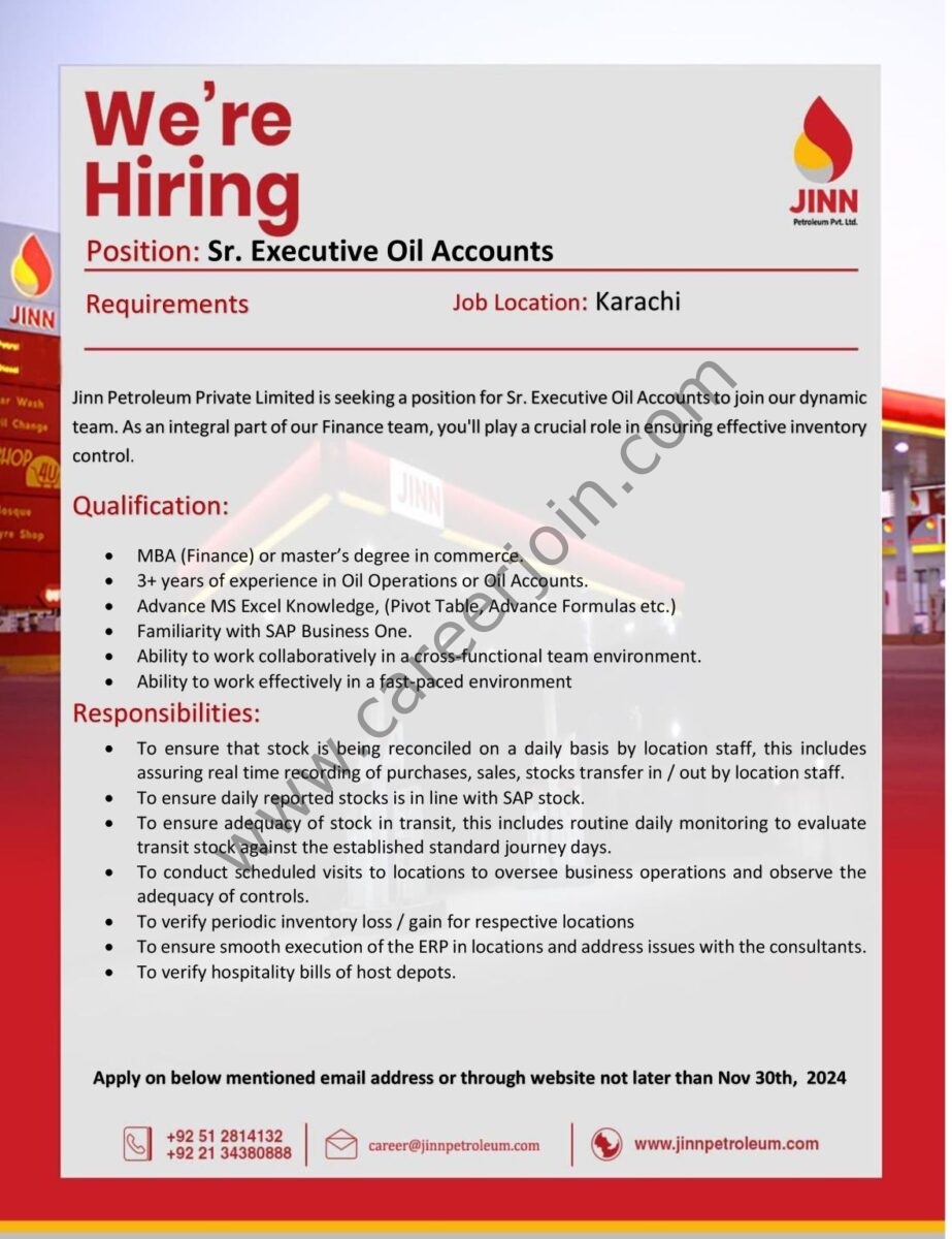 JINN Petroleum Pvt Ltd Jobs Sr Executive Oil Accounts 1