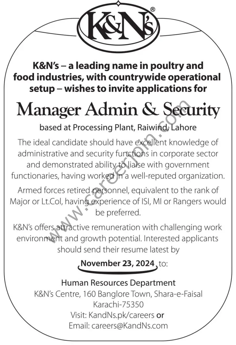 K&N’s Pakistan Jobs Manager Admin & Security  1