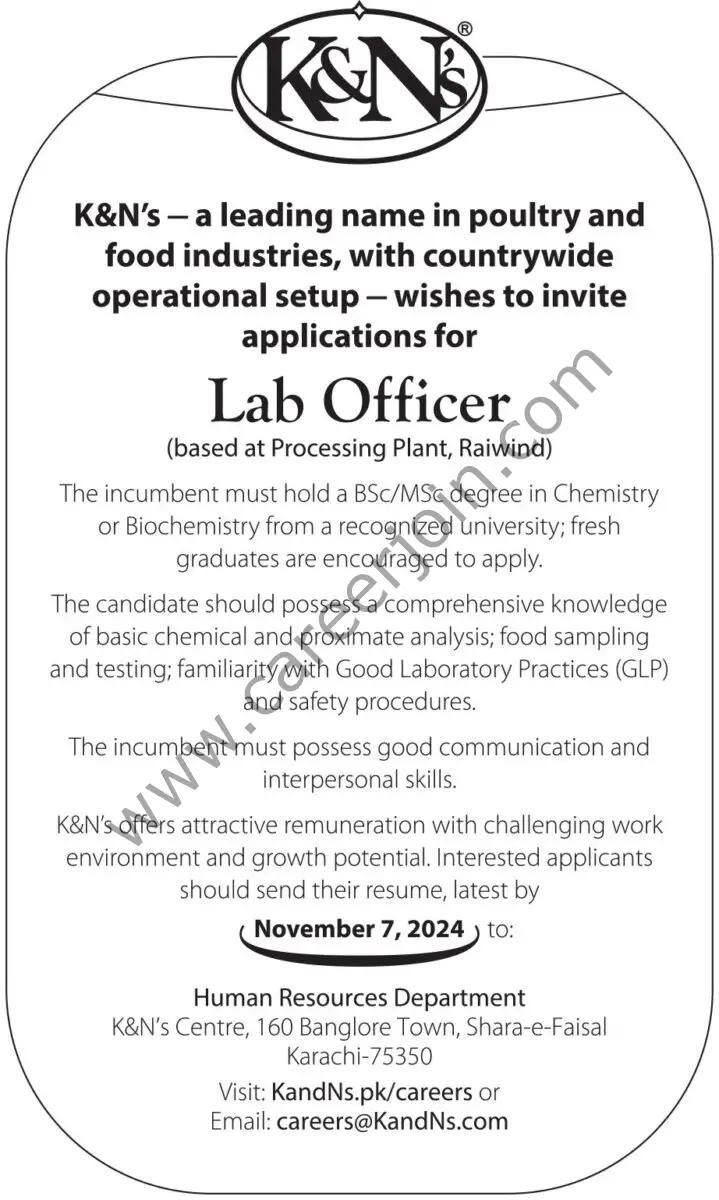 K&N's Pakistan Jobs Lab Officer 1