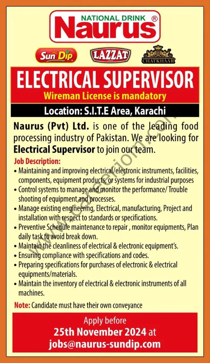 Naurus Pvt Ltd Jobs Electrical Supervisor 1