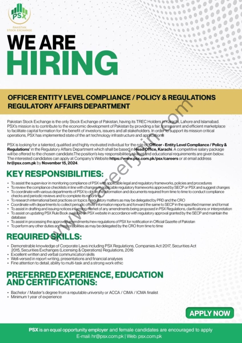 Pakistan Stock Exchange Jobs Officer Entity Level Compliance / Policy & Regulations 1