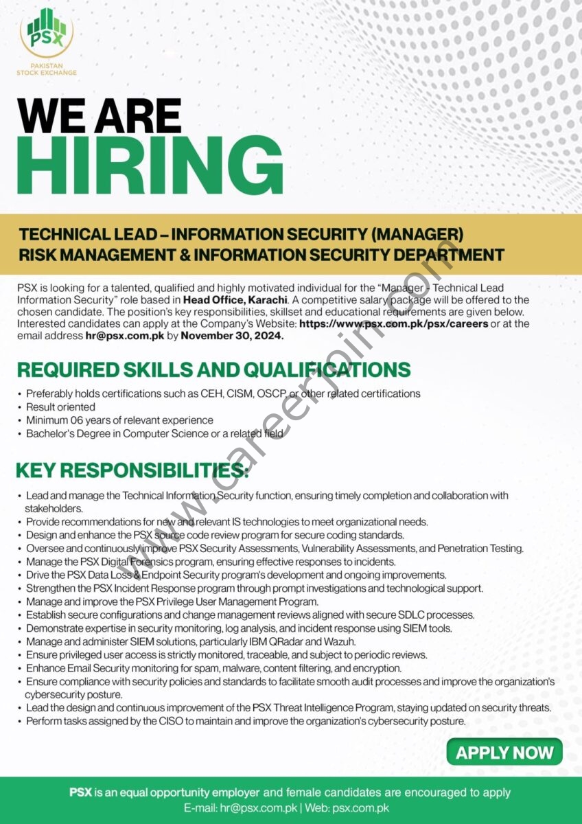 Pakistan Stock Exchange PSX Jobs Technical Lead Information Security (Manager) 1