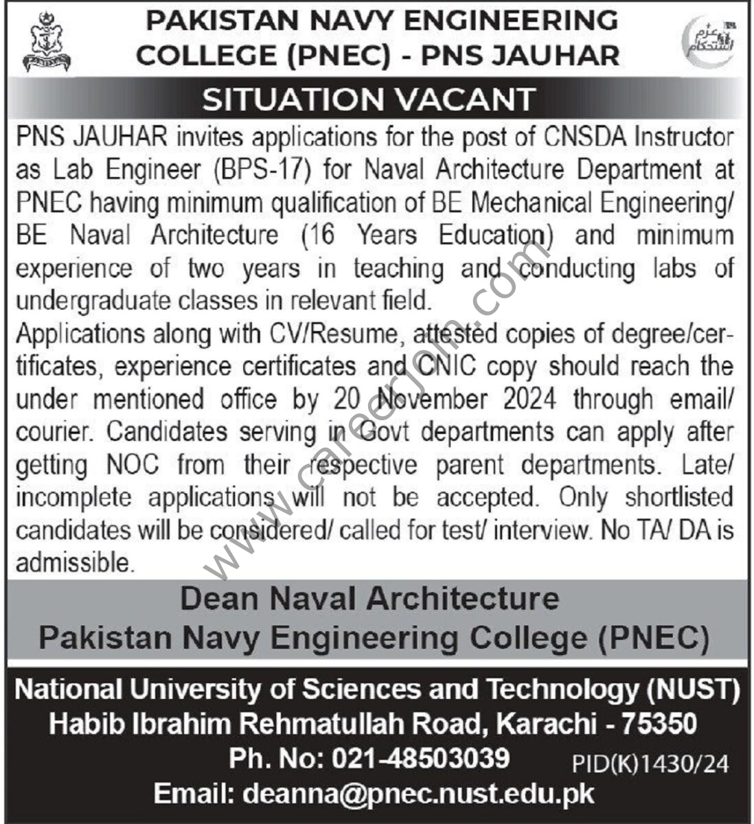 Pakistan Navy Engineering College PNEC Jobs 07 November 2024 Express Tribune 1