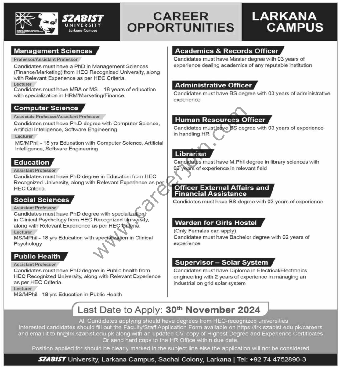 SZABIST University Jobs 17 November 2024 Dawn 1