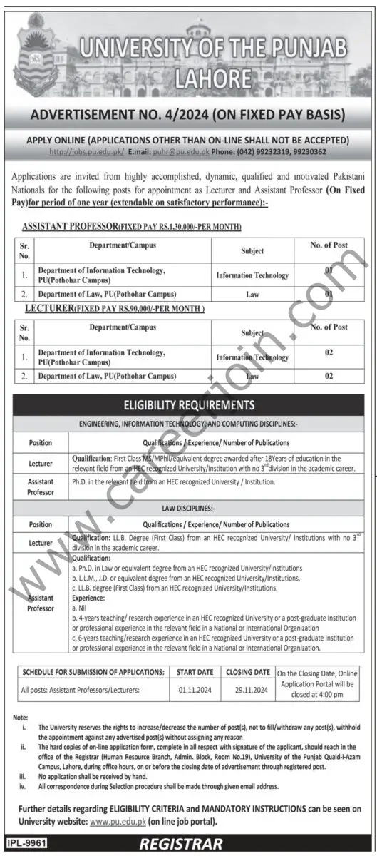 University of The Punjab Lahore Jobs 03 November 2024 Express Tribune 1