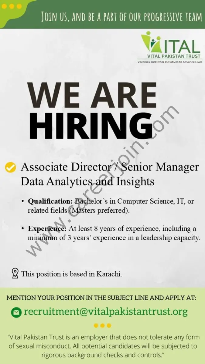 Vital Trust Pakistan Jobs Associate Director /Sr Manager Data Analytics & Insights 1