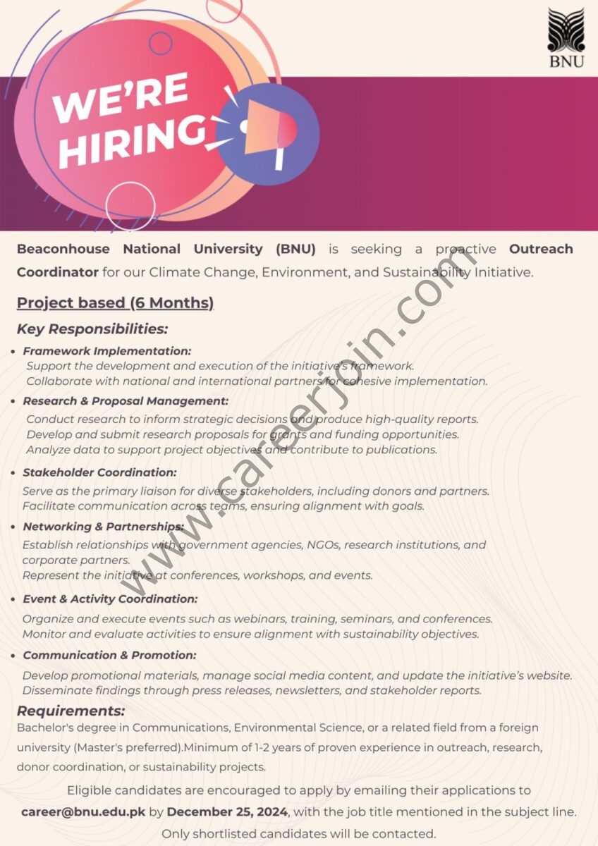 Beaconhouse National University BNU Jobs Outreach Coordinator 1