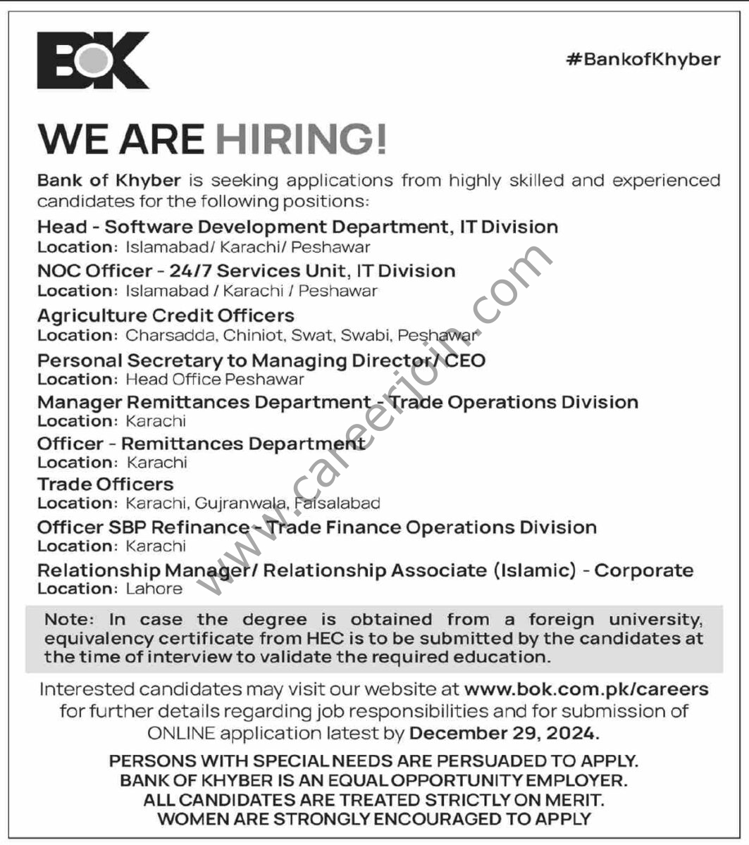 BOK Bank of Khyber Jobs 15 Decemeber 2024 Dawn 1