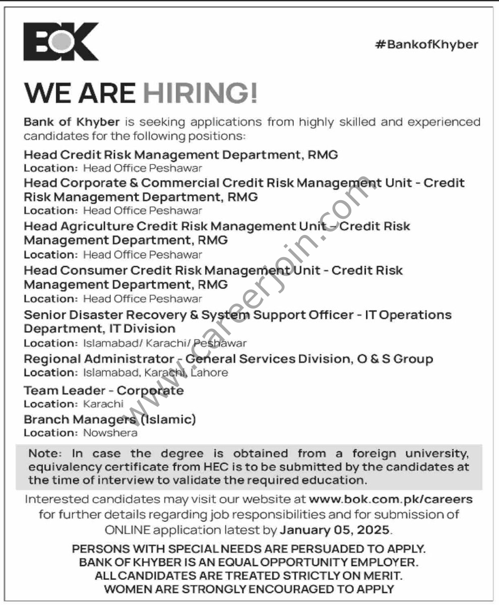 BOK Bank of Khyber Jobs 22 December 2024 Dawn 1