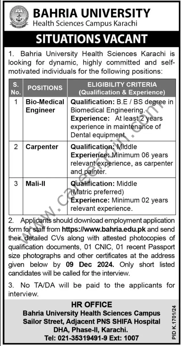 Bahria University Jobs 01 December 2024 Express Tribune 1