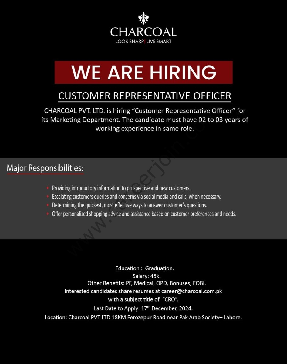 Charcoal Pvt Ltd Jobs Customer Representative Officer  1