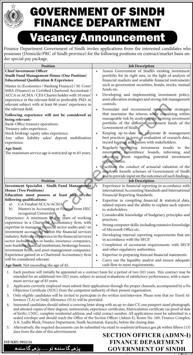 Finance Dept Sindh Jobs 15 December 2024 Express Tribune 1