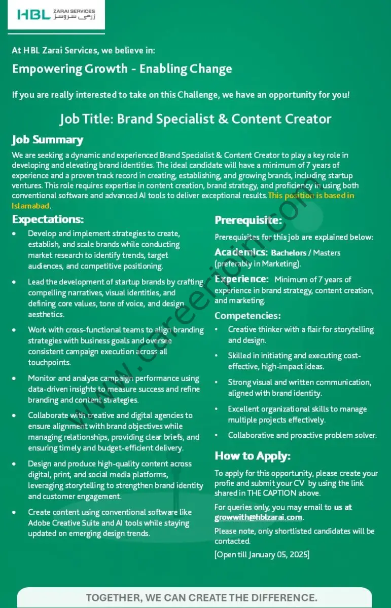 HBL Zarai Services Limited Jobs Brand Specialist & Content Creator 1