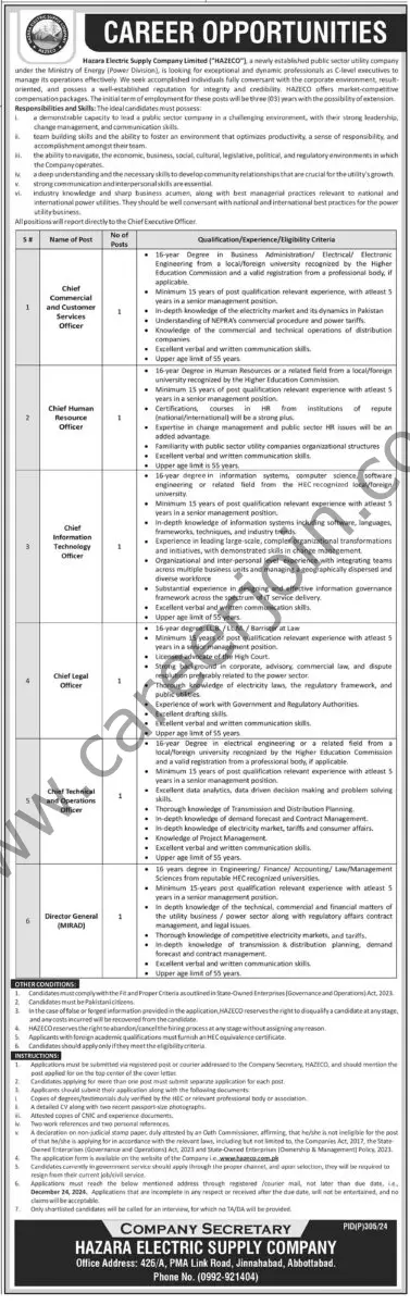 Hazara Electric Supply Co Ltd HEZECO Jobs December 2024 1